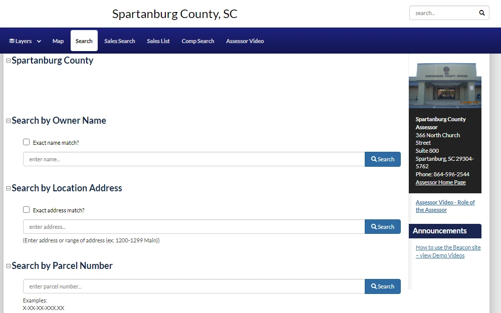 A screenshot of the Spartanburg County Assessor Public Documents Search platform where one can seek information or a record of a specific property that is searchable by providing the owner's name, location address, parcel number, or other information. 
