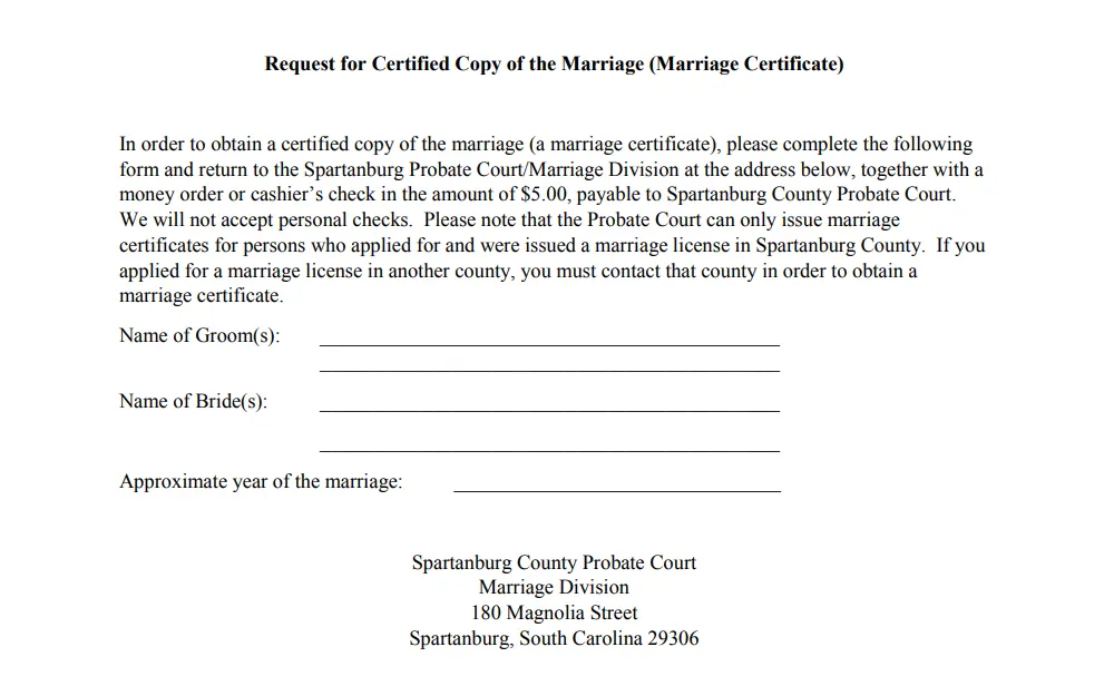 A screenshot of a document form that must be submitted together with other requirements when requesting a certified copy of marriage.