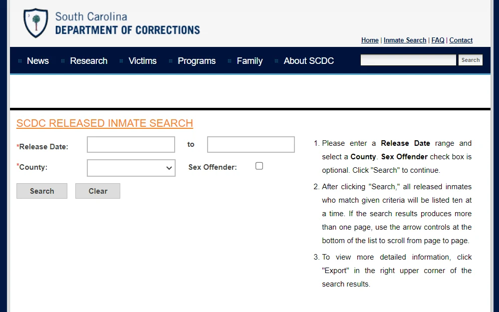 A screenshot of the SCDC Released Inmate Search tool which provides information about released inmates that can be searched by providing the release date range, county name, and if that person is either a sex offender or not.