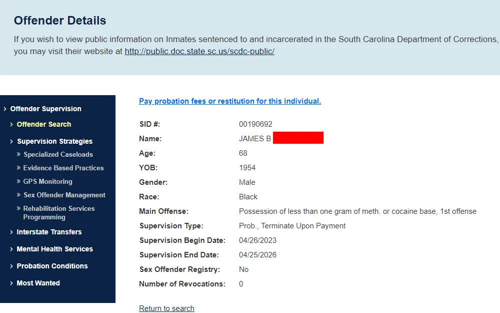 A screenshot of a sample offender details which can be searched through the Offender Search tool provided by the SC Department of Probation, Parole and Pardon Services and the details include the offender's SID#, name, age, YOB, gender, race, main offense, supervision type, and other information. 