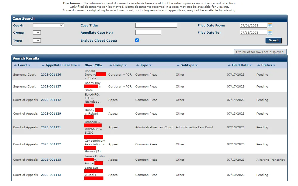 A screenshot of the South Carolina Appellate Case Management System Case Search tool with its sample result list showing the court type, appellate case number, short title, and other information about the case.