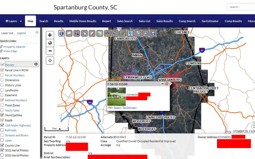 A screenshot of the Spartanburg County Assessor Public Documents Search Map providing information about a specific address, such as the image of the property, the owner's name and address, property address, brief tax description, and others. 