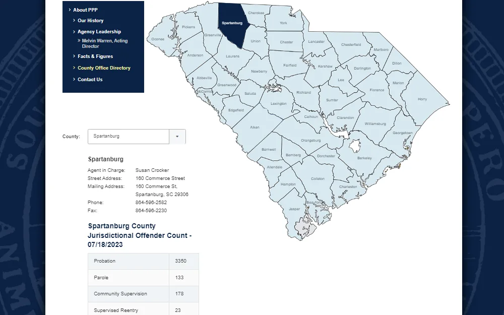A screenshot showing the South Carolina map divided into its counties that highlights Spartanburg County and Spartanburg County's address, contact details, agent in charge, and the number of probationers, parolees, those in community supervision, and others. 