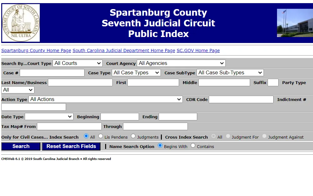 A screenshot of the Spartanburg County Seventh Judicial Circuit Public Index platform where one can search for case information by providing search criteria such as the court type, case #, case type, name, and date.