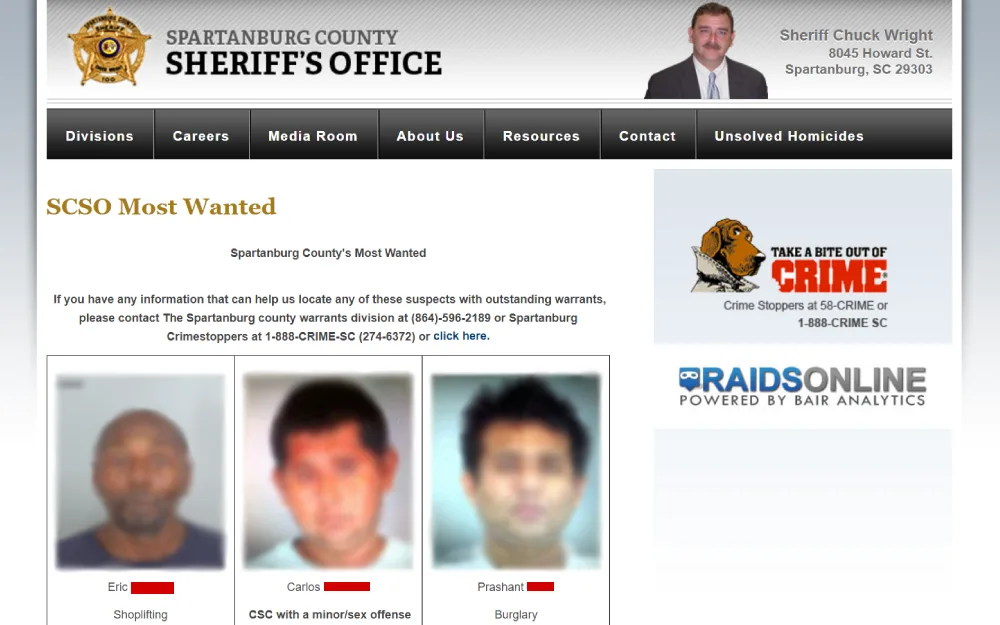 A screenshot displays a section of a sheriff's office website highlighting the 'Most Wanted' individuals, with mugshots and brief descriptions of their alleged crimes, and provides information on how the public can submit tips to assist in locating these individuals.