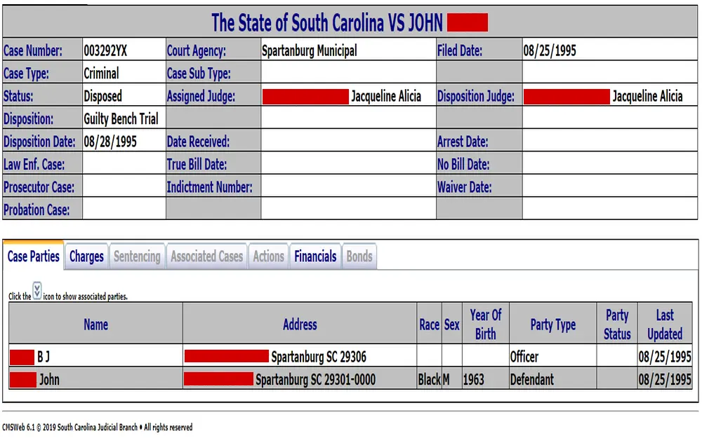 A detailed court document from a municipal jurisdiction in South Carolina, showing case information including the case number, type, status, disposition, and the involved parties with their roles, addresses, and updated status as of a specific date in 1995.