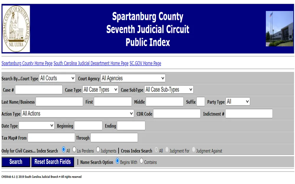 A screenshot of a search interface from the Seventh Judicial Circuit Public Index, which allows for querying court case information by various filters such as court type, case number, party name, and dates, accompanied by the seal of South Carolina and an image of a courthouse.