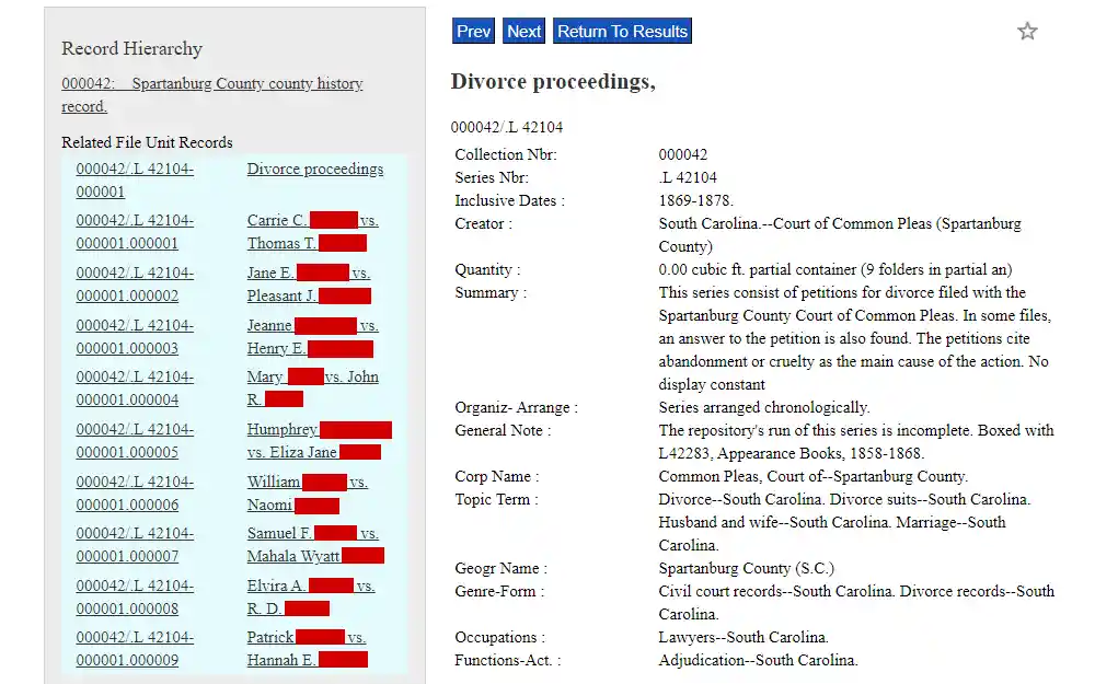Screenshot of the search results from the archives online catalog of South Carolina displaying the details of a record of divorce proceedings in Spartanburg County.