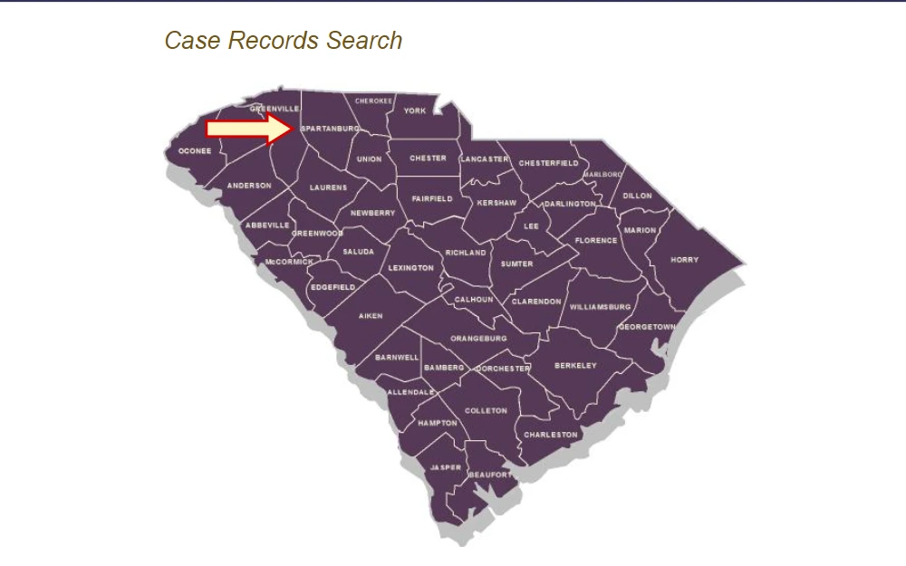 Screenshot of the interactive map of South Carolina for case records search, showing counties with Spartanburg emphasized using an arrow.