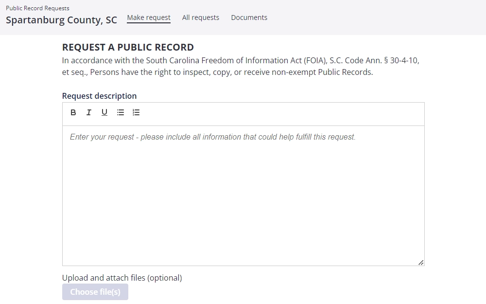 A screenshot of the public records request online form displaying a short note and the section for request description.