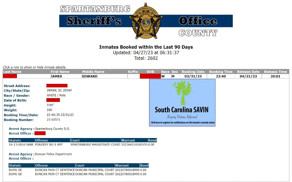 A screenshot from the Spartanburg Sheriff's Office website showing an inmate's details, including the last, middle, and first name, street address, city, state, zip, race, gender, date of birth, height and weight, arrest agency and officer, and statute, offense, court, warrant, and bond information.