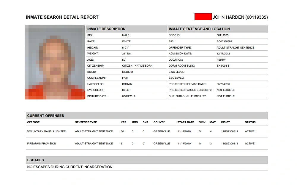 A screenshot of a sample inmate search detail report that provides the inmate's mugshot, full name, sex, race, eye color and other physical description, sentence and location where the inmate was held, current offenses, details of escapes, and other information.