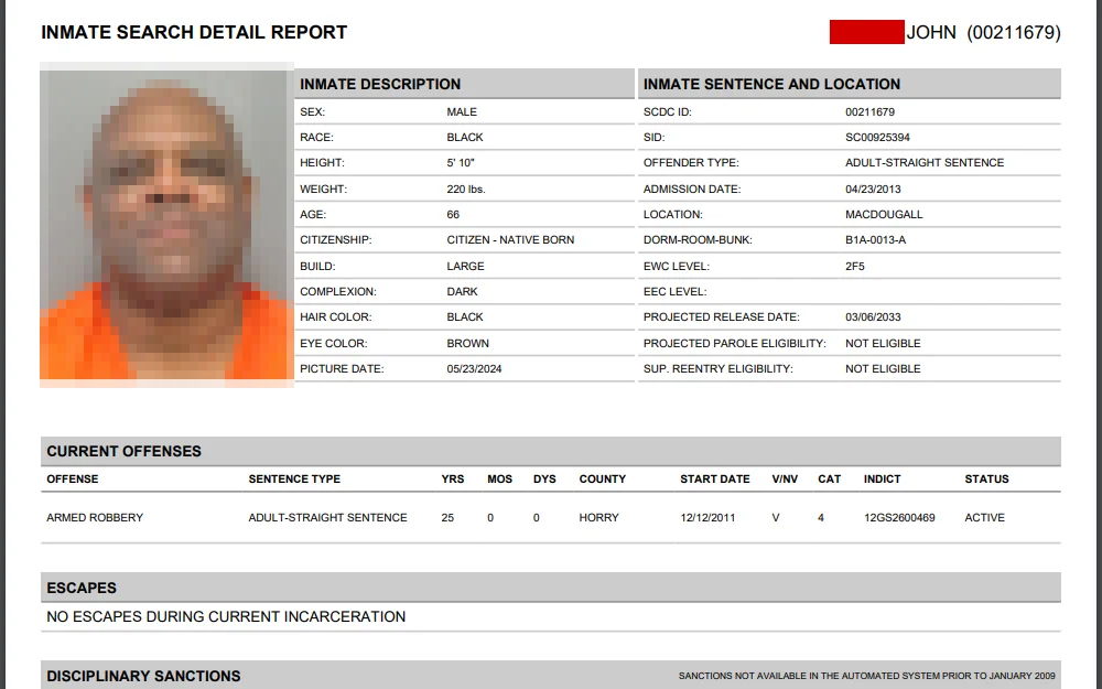 A screenshot from the South Carolina Department of Corrections page showing an inmate detail report containing offender's photos and inmate description, sentence, location and offense details.