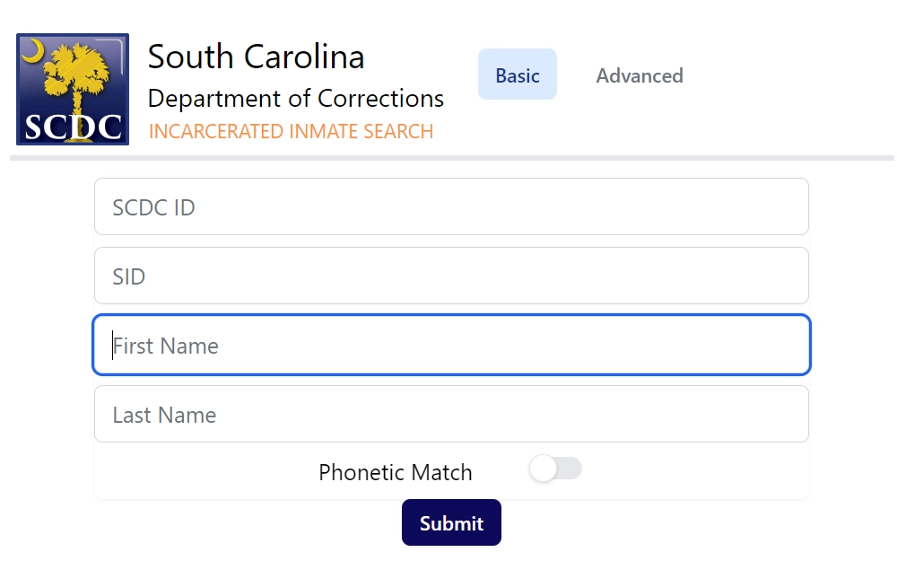 A screenshot shows a search form for the South Carolina Department of Corrections' Incarcerated Inmate Search with fields for SCDC ID, SID, first name, and last name, along with options for basic/advanced search and a phonetic match toggle.