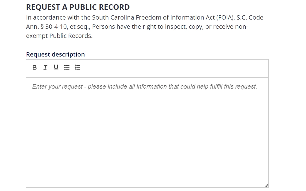 A screenshot showing a form for requesting public records in Spartanburg County with a text input field for entering a request description.